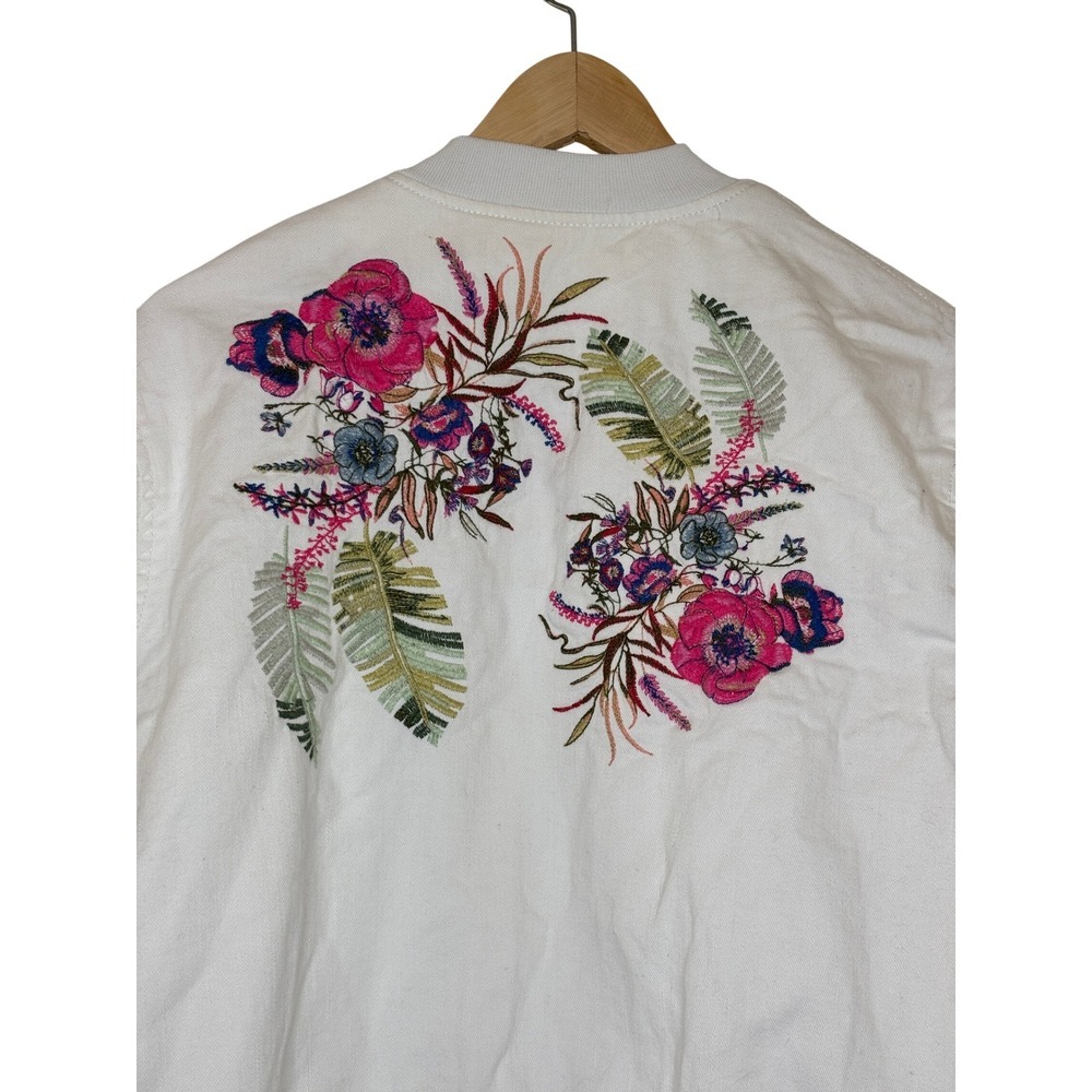 Rachel Roy White Denim Bomber Jacket Floral Embroidered Full Zip Size XL - Picture 7 of 8